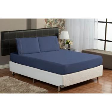 Imagem de Jogo de Cama Queen 3 Peças 300 Fios 100% Algodão Egípcio – Lençol com Elástico + 2 Fronhas, Percal Macio e Toque Fresco (Azul Marinho)