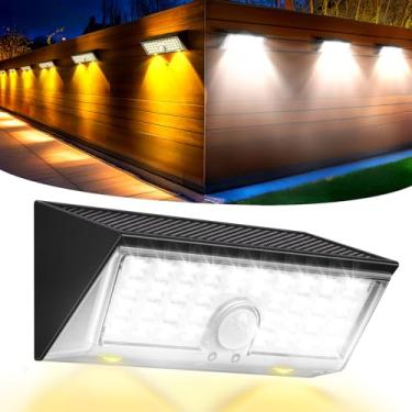 Imagem de Lebenwell Luzes solares LED de fibra de carbono com sensor de movimento externo com 4 modos de iluminação, holofotes alimentados por energia solar à prova d'água para pátio, jardim, garagem, cerca