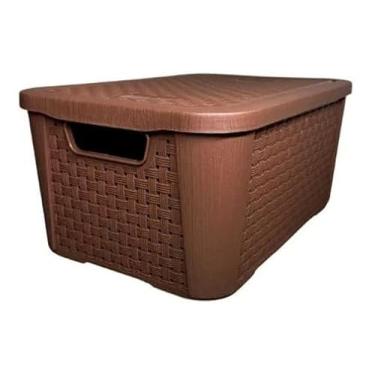 Imagem de Caixa Organizadora com Tampa Rattan Retangular 8,8L Multiuso Plástico Café Decoração – Elegância e Praticidade - Escritex