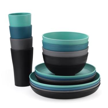 Imagem de SANLUNS Conjuntos de louça de palha de trigo, 16 peças, conjuntos de louças para micro-ondas e lava-louças, conjunto de pratos leves e inquebráveis, pratos de jantar reutilizáveis, conjuntos de pratos