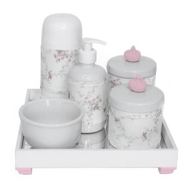 Imagem de Kit Higiene Bebê Pote Porcelanas Térmica Bandeja Coroa Rosa - Potinho 