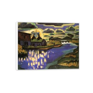 Imagem de MUHJDYC Pintura famosa Hermann Max Pechstein - pântano com casas - imagem de arte em tela - arte de parede para sala de estar - reprodução 60x80cm-23x31in moldura branca
