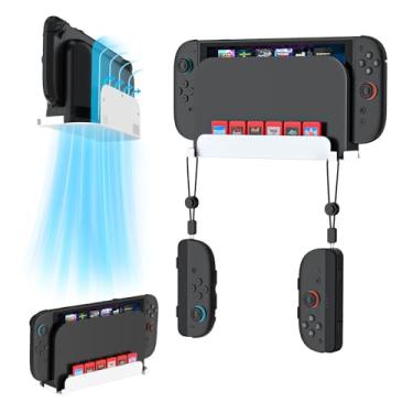 Imagem de EJGAME Suporte de parede compatível com Nintendo Switch 2, organizador de metal que economiza espaço com 6 compartimentos para cartão de jogo e 2 suportes Joy-Con, armazene com segurança o console