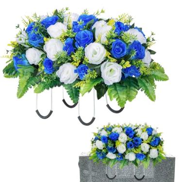 Imagem de Sela de flores artificiais de cemitério para lápide, flores de túmulos memoriais para decorações de lápide de lápide de cemitério ao ar livre (azul e branco)