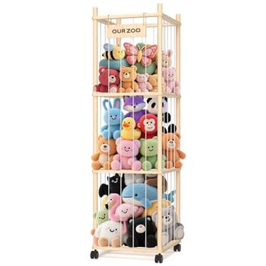 Imagem de Armazenamento de bichos de pelúcia: zoológico de animais de pelúcia de madeira, suporte para animais de pelúcia com rede de malha, tubo organizador de brinquedos de pelúcia com rodas de freio, gaiola