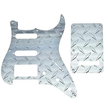 Imagem de Dopro Placa de diamante de 11 furos Strat HSS Configuration Pickguard placa de metal para arranhões com placa traseira capa tremolo serve para Stratocaster American/Mexican Silver