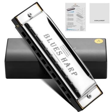 Imagem de CONJURER Gaita Blues para iniciantes, Harpa diatônica de 10 furos A com tampa de aço inoxidável e palhetas de bronze fosforoso, grau profissional para adultos, presentes (prata)