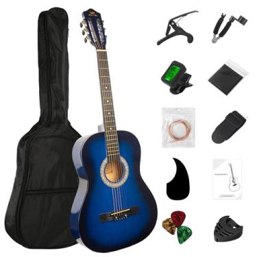 Imagem de BESYOU Kit básico de guitarra acústica para iniciantes de 96,5 cm, bolsa para capo, cordas enroladoras, palhetas de alunos/crianças, com bolsa de shows azul
