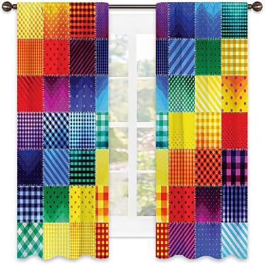 Imagem de Cortinas blackout abstratas com bolso para varão, cores de arco-íris, padrões diversos em formato quadrado com formas diagonais geométricas, decorações de janela de casa, cerimônia de casamento, L130