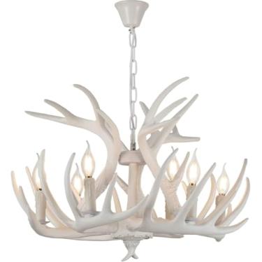 Imagem de Lustre De Chifre Branco, Iluminação De Lustre De Chifre De Veado Retrô, 6 Luzes De Chifre De Veado Pendente De Teto Para Cozinha, Sala De Estar, A
