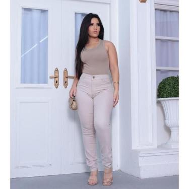 Imagem de Calça Skinny Feminina Bege com Cintura Alta e Modelagem Justa ao Corpo