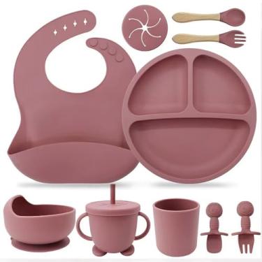 Imagem de Kit Introdução Alimentar Bebê 8 Peças Prato + Bowl Babador Copo + Tampa com Canudo + 2 Talheres + 2 Talheres Ponta Silicone Cabo de Madeira 100% Silicone Antitóxico Premium (Rosa Rubi)