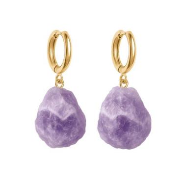 Imagem de Brinco de Argola Ametista Chevron - Cristal Natural, Banho Ouro 18k