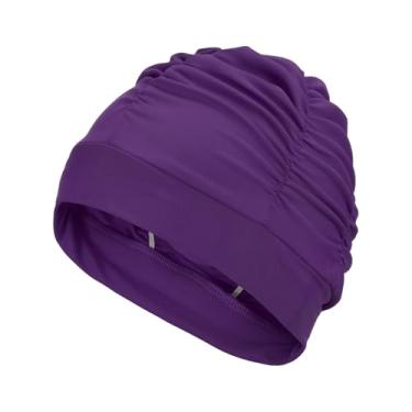 Imagem de YELARXI Touca de natação de tecido, chapéu de natação de poliéster, touca de natação elástica, adequada para mulheres e homens, cabelos longos adultos (roxo)