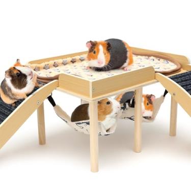 Imagem de GHWMYD Castelo de esconderijo de porquinho-da-índia, casa de chinchila de madeira com 2 escadas e rede, acessórios para cabana de habitats de animais pequenos para hamsters, coelho, coelho, ouriço