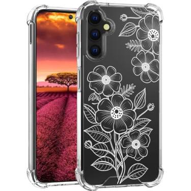Imagem de Topgraph Compatível com Samsung Galaxy S23 Plus capa fofa transparente para mulheres meninas, design de capa de telefone transparente de designer S23+ (arte de linha de flor branca)