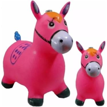 Imagem de Cavalinho Upa Upa Musical Rosa Inflável Grande em Borracha Resistente Brinquedo Seguro Que Estimula Coordenação e Equilíbrio.