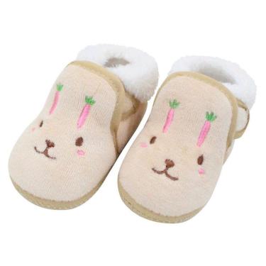 Imagem de Pantufa Sapatinho Infantil Bebe Coelhinho Marrom Forrada com fecho aderente