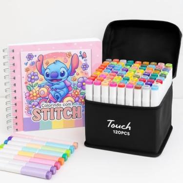 Imagem de Kit Livro De Colorir Stitch Capa Dura Rosa + Canetinhas Coloridas Touch Marca Texto De 24 a 120 Cores e Tamanhos, Ponta Dupla (0,1mm e 6,0mm) – Traços Finos e Áreas Grandes (Livro + 36 Canetas)