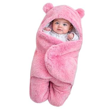 Imagem de Saco de Dormir Bebê Tipo Casulo, Cobertor Enroladinho Plush, Rosa, com Capuz de Ursinho (Rosa)