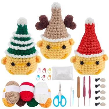 Imagem de WEBEEDY 3 conjuntos de kit de crochê de frango de Natal para iniciantes, kit de tricô de frango DIY para adultos, com instruções, fios, kits de artesanato de crochê para presente de decoração de Natal