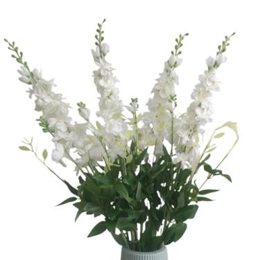 Imagem de XZJMY 8 peças, flores brancas, delfínio artificial com clematis, flor de seda, haste longa, 85 cm, flores falsas brancas para centros de mesa de casamento, decoração de festa em casa (branca)