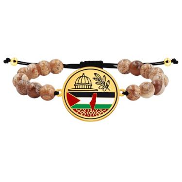 Imagem de Uloveido Pulseira Palestina com contas de pedra feita à mão com design de ramo de oliveira da pomba da paz - Pulseira palestina de identidade cultural com gravação personalizada, joia de cultura