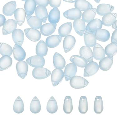Imagem de PATIKIL Grânulos de gota de vidro tcheco, 100 peças de contas de semente de vidro transparente perfuradas na parte superior contas de gota de chuva de cristal, azul claro, 6 x 9 mm