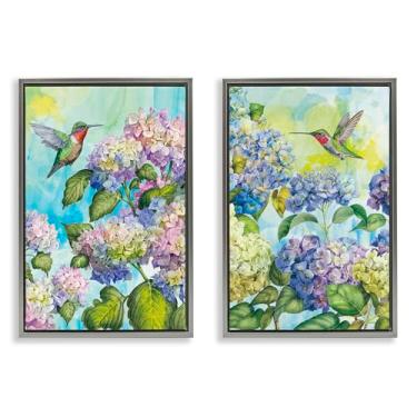 Imagem de Stupell Industries Conjunto de tela flutuante com moldura cinza de 2 peças beija-flores e hortênsias por Tim Coffey, 25 x 17