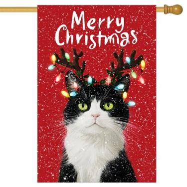 Imagem de BlissYard Bandeira de jardim de Feliz Natal preto e branco chifres de rena 71 x 101 cm bandeiras grandes de quintal dupla face para amantes de gatos varanda casa ao ar livre férias inverno decoração