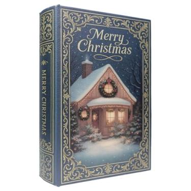 Imagem de XIAOAIKA Caixa de livro de madeira decorativa de Natal, caixas de livros falsas vintage com capa de couro, armazenamento secreto com fecho magnético, caixa de presente de feriado para decoração de