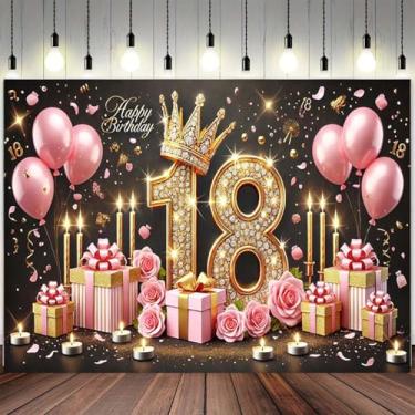 Imagem de Banner de fundo de feliz aniversário de 18 anos, balões pretos e rosa, tema coroa dourada, fundo para sua festa de 18 anos, suprimentos, material fotográfico, faixa de feliz aniversário de 18 anos (B