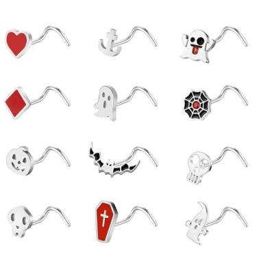Imagem de ZS 12 peças de aço inoxidável 20 G - piercing de nariz de Halloween de caveira de morcego em forma de L saca-rolhas prata preto hipoalergênico piercing de narina joias para mulheres e homens (B: prata