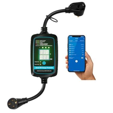 Imagem de Protetor de surto portátil RV 50 Amp - Monitor de energia RV inteligente - Protetor de surto Bluetooth com desligamento automático 10.000 Joule Adaptador portátil para trailer, analisador de circuito