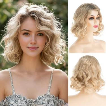 Imagem de Baruisi Peruca loira ondulada curta para mulheres, parte lateral sintética, peruca de cabelo cosplay de Halloween