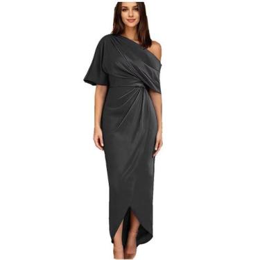 Imagem de Vestido feminino Raseal, de um ombro, comprimento de chá, preto, cetim