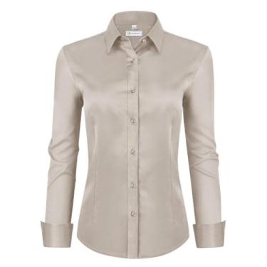 Imagem de Camisas femininas com botões, siliteelon, manga comprida, cáqui claro