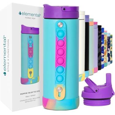 Imagem de Elemental Garrafa de água infantil de 400 ml, copo isolado a vácuo de parede tripla com alívio de estresse, tampa de canudo dobrável à prova de estilhaçamento e vazamento, livre de BPA – Tie Dye azul popin'