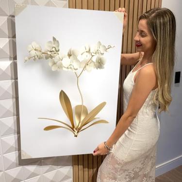 Imagem de Quadro Decorativo Canvas Flores Brancas e Douradas Vertical (CAN1048)