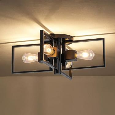 Imagem de fengkeDU Luz de teto industrial preta 4 luzes de montagem semi-embutida de madeira Sputnik luminária de teto 61 cm para cozinha quarto banheiro hall de entrada corredor (E26