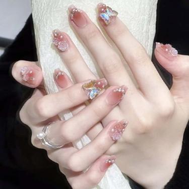 Imagem de POKENGDA Design de unhas postiças acrílicas de caixão, cola de unha incluída, unhas longas super brilhantes, reutilizáveis de acrílico francês, kit de unhas postiças diárias para mulheres