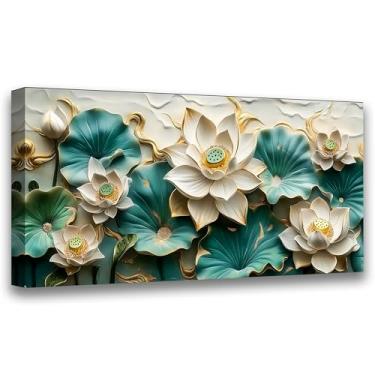 Imagem de Pintura a óleo verde de paisagem de lótus, pintura impressa abstrata do quarto, sala de estar e paisagem natural, decoração de parede de escritório requintada, moldura de foto de peça de arte moderna