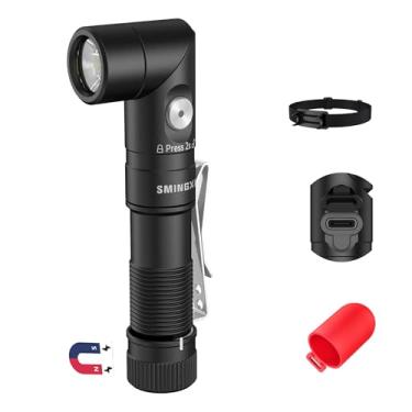 Imagem de SMINGXI T5 Lanterna LED recarregável de 1400 lúmens, cabeça ajustável de 90 graus, lanterna tática EDC, luz de trabalho magnética AA com difusor vermelho e clipe para acampamento, caminhada
