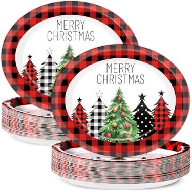 Imagem de 50 peças de pratos ovais de árvore xadrez de búfalo de 28 cm vermelho e preto utensílios de mesa de papel guingão feliz Natal descartável bandeja de servir de Natal para decoração de festa de inverno