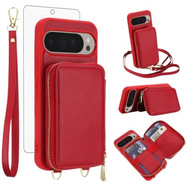 Imagem de Capa de celular para Google Pixel 9 Pro XL carteira celular com protetor de tela de vidro temperado, alça transversal, suporte para cartão de crédito com bloqueio de RFID, Pixel9 9Pro 9ProXL, nove