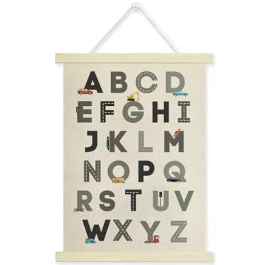 Imagem de ZSHFMY Moldura de pôster de alfabeto de carro de transporte, decoração de parede educacional do alfabeto para quarto de bebê, sala de jogos, pôster de aprendizagem infantil com molduras de madeira, 30