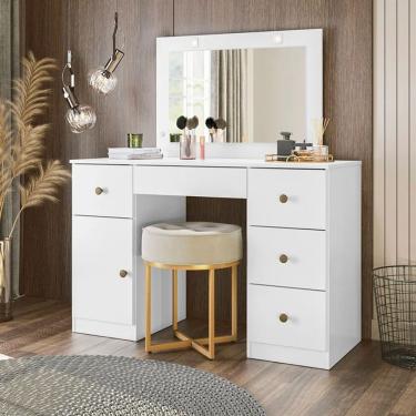 Imagem de Cômoda Camarim Sonhos 121cm 5 Gavetas Com Espelho E Luminárias De Led Branco Sj Móveis E Decoração