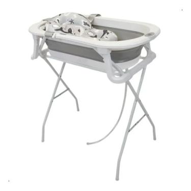 Imagem de Banheira Bebe Com Suporte Dobravel Almofada Banho Termometro - Cinza