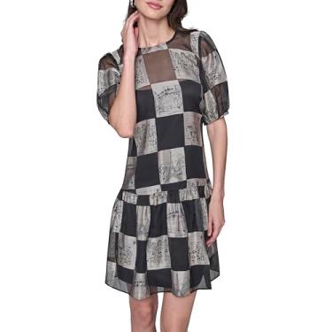 Imagem de Karl Lagerfeld Paris Vestido feminino manga bufante estampa esgotada evasê, Preto/Bétula Multi, 48