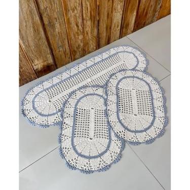 Imagem de Kit Tapete e Passadeira Cozinha Oval 3 Pçs Leque Com Listra (Cinza)